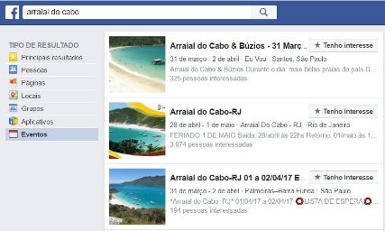 Busca de viagem nos eventos do facebook para viajar barato