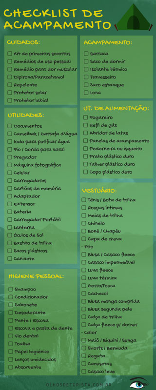 Checklist de acampamento: o que levar para mochilar e trilhar? Para decidir o que vale a pena e o que não vale colocar no mochilão é importante prestar atenção em quatro questões básicas além de ter um checklist de acampamento completo sempre a mão!